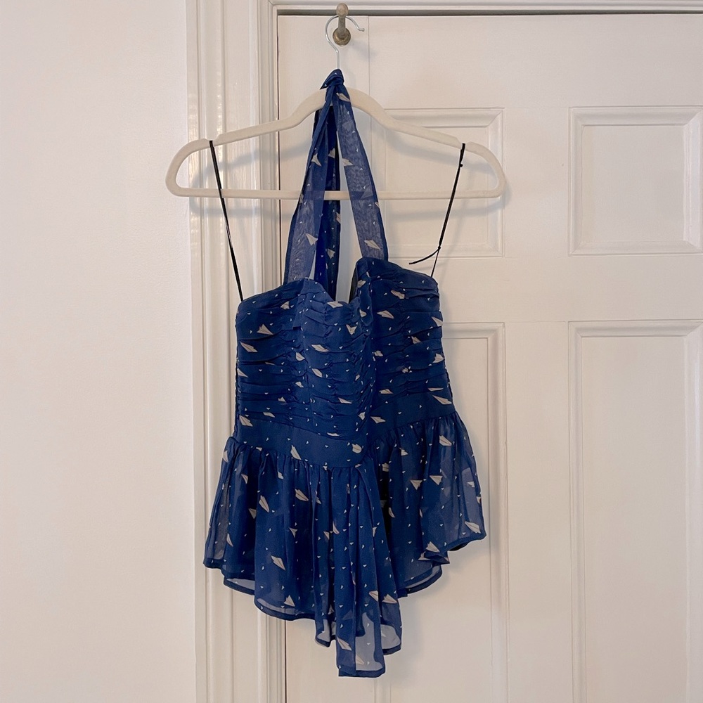 Hype Blue Sheer Peplum Halter Top Paper Airplane Print Size S